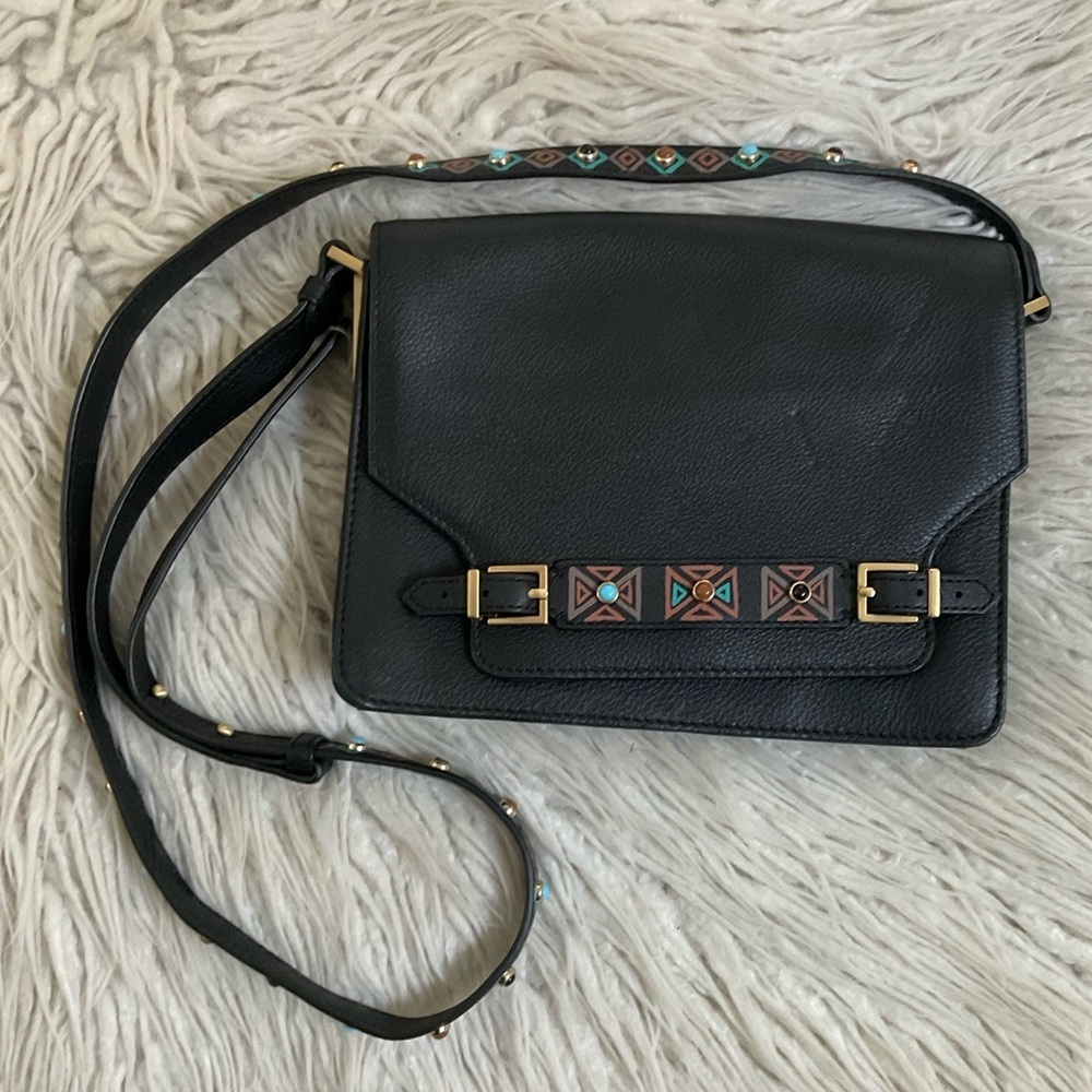 Vince Camuto Abra Black Southwestern Embellished Beaded Leather Crossbody Bag